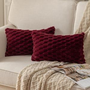 MANDIOO Pack of 2 Burgundy Super Soft Plush Fluffy Decorative Throw Pillow Covers 12x20 inch Faux Fur Wool Velvet Cushion Covers Pillow Cases Couch Sofa Bed Living Room