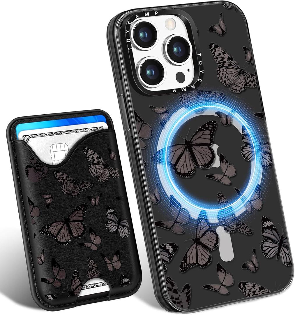 Toycamp for iPhone 13 Pro Case - Compatible with Magsafe Credit Card Holder Wallet Magnetic Cute Women Teen Girls Kawaii Girly Unique Black Butterfly Design Phone Cover for iPhone 13 Pro