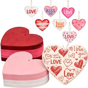 Marsui 36 Pcs Valentine's Day Gifts Wooden Heart Ornaments DIY Hanging Ornaments with Rope and 12 Piece Letter Patches 3.5" Wooden Heart Crafts for Gifts Valentines Day Tree Party Wedding Decoration