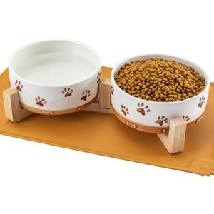 Ceramic Dog Bowls, 3.5 Cups Dog Food and Water Bowl Set for Medium Dogs with Wooden Stand and Non-Slip Silicone Food Mat, Weighted Embossed Cute Puppy Bowls Feeding Dishes Set of 2, 32 OZ (4 .0 Cups)