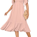 PYGFEMR Women's Summer Empire Waist Dress Smocked Flutter Short Sleeve V Neck Midi Dresses, XL