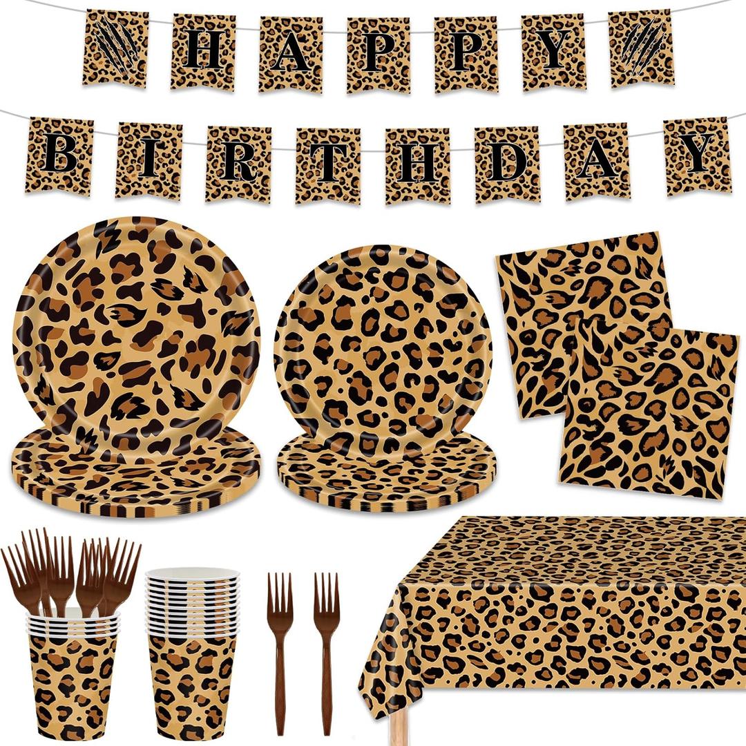 136 PCS Cheetah Print Party Decorations Include Dinosaur Plates, Cup, Napkin, Tablecloth, Happy Birthday Banner, Forks, Leopard Party Decorations for Boys Kids Serves 24