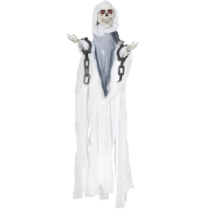 Outsunny 60" Life Size Outdoor Halloween Decorations Hanging Grim Reaper in White Robe, Animated Prop with Sound and Motion Activated Light Up Eyes, Howling and Chain Sound