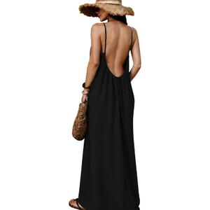 ELLEVEN Backless Cami Maxi Casual Dress Sleeveless Loose Flowy Vacation Sundress with Back Tie Black Large