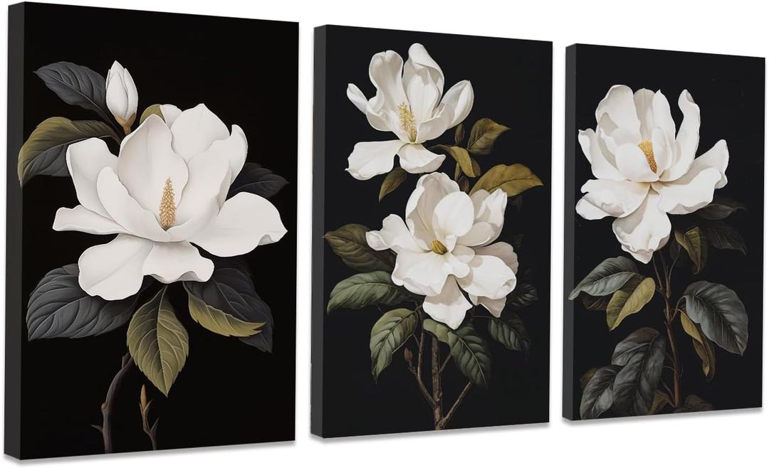 CCWACPP 3 Piece Floral Canvas Wall Art Magnolia Flowers Pictures Black and White Flowers Painting Prints Modern Bedroom Living Room Home Decor Framed (A, (12"x16"x3))