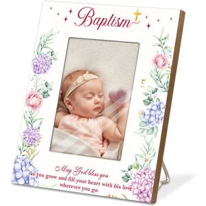 Baptism Picture Frame Gift for Baby Girl or Boy, Baby Baptism Gift from Godparents-May God Bless You Wherever You Go,First Communion Photo Frame, Fits 4x6 Inch Photo(Pink)