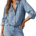 Astylish Women Button Down Denim Shirts Casual Long Sleeve V Neck Chambray Blouse Top (X-Large, Dusk Blue)