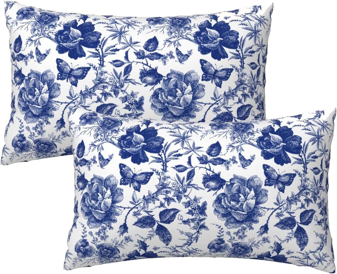 Blue and White Porcelain Floral Butterfly Pillow Cover 12x20 Set of 2,Vintage Chinoiserie Throw Pillow Covers Farmhouse Pillow Cushion Case for Couch Living Bedroom Sofa Modern Home Decor