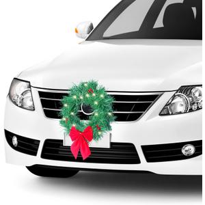 Christmas Car Decoration Wreath with Lights Christmas Car Wreath Accessories for Car, Truck, SUV or Any Car Grille, Mounting Equipment Included (Green)