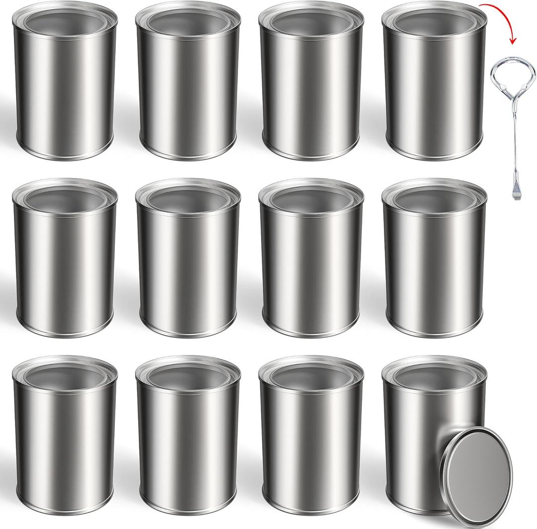 12PCS Empty Paint Cans with Lids, 1 Quart Metal Unlined Paint Bucket, Small Round Paint Storage Containers for Leftover Paint, Arts Crafts, DIY Projects, Painting (Silver, 2 Pint)