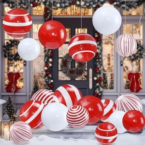 Jetec 9 Pcs 24 Inch 16 Inch Giant Inflatable Christmas Balls Ornaments Large PVC Inflatable Ball Decorations for Xmas Tree Holiday Yard Lawn Porch Outdoor (Red and White, Candy Cane)