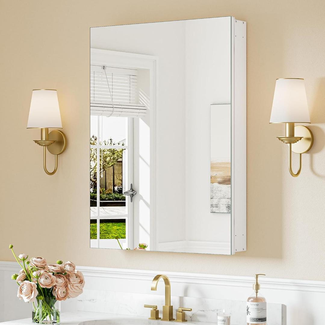 Keonjinn 24 x 32 Inch Medicine Cabinet Mirror, Assembly Required, Large White Medicine Cabinets for Bathroom, Stepless Adjustable Shelves, Tempered Glass, Soft Closing, Recessed or Wall Mount Keonjinn 24 x 32 Inch Medicine Cabinet Mirror, Assembly Required, Large White Medicine Cabinets for Bathroom, Stepless Adjustable Shelves, Tempered Glass, Soft Closing, Recessed or Wall Mount