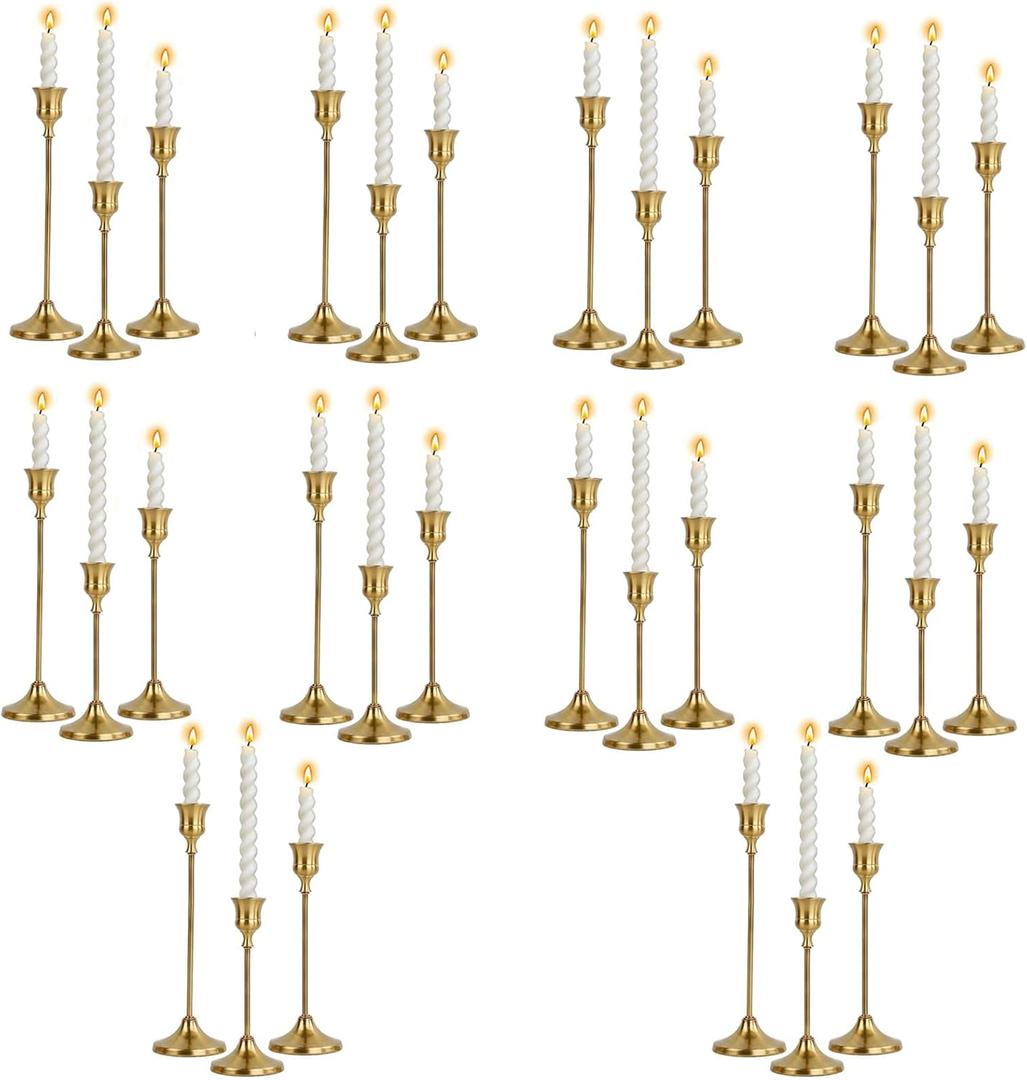 10 Sets Candle Holder Brass Metal Candlestick Holders -Vintage Modern Metal Taper Candle Holders, Decorative Centerpiece for Table Mantel, Wedding Kitchen Home Decor, Wedding Gift,30Pcs