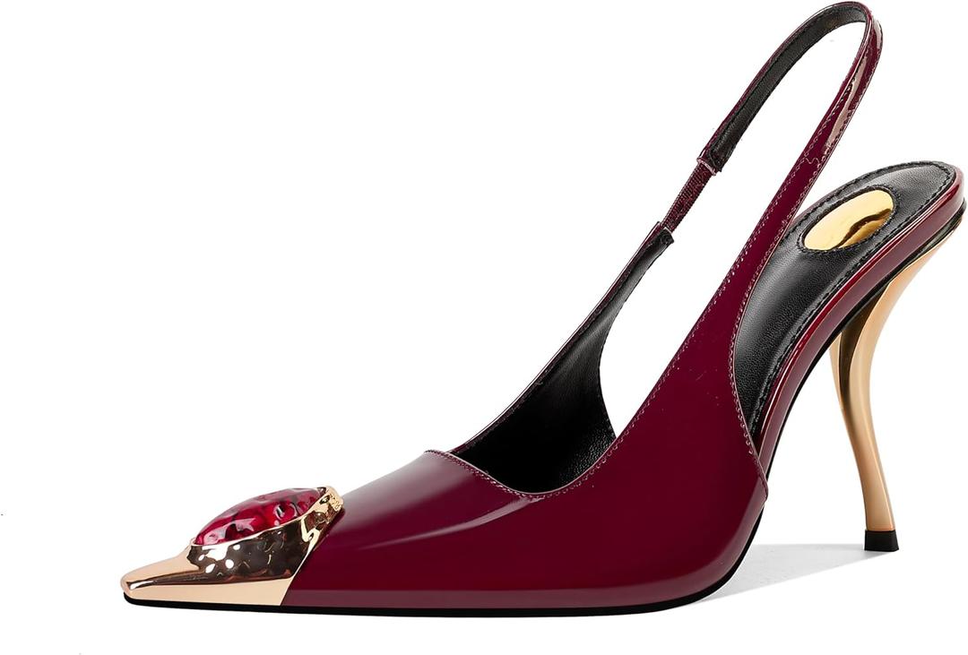 CAGLGLZ Women's Slingback Stiletto High Heels Crystal Metallic Closed Pointed Toe Pumps Patent Leather Slip on Elastic Strap 4 inch Heeled Sandals Fashion Party Dress Shoes for Women (7.5, Burgundy)