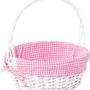 White Round Willow Gift Basket with Pink Gingham Liner & Handle, Mediun Empty Christmas Basket for Gifts, Holiday Wicker Basket, Basket to Fill