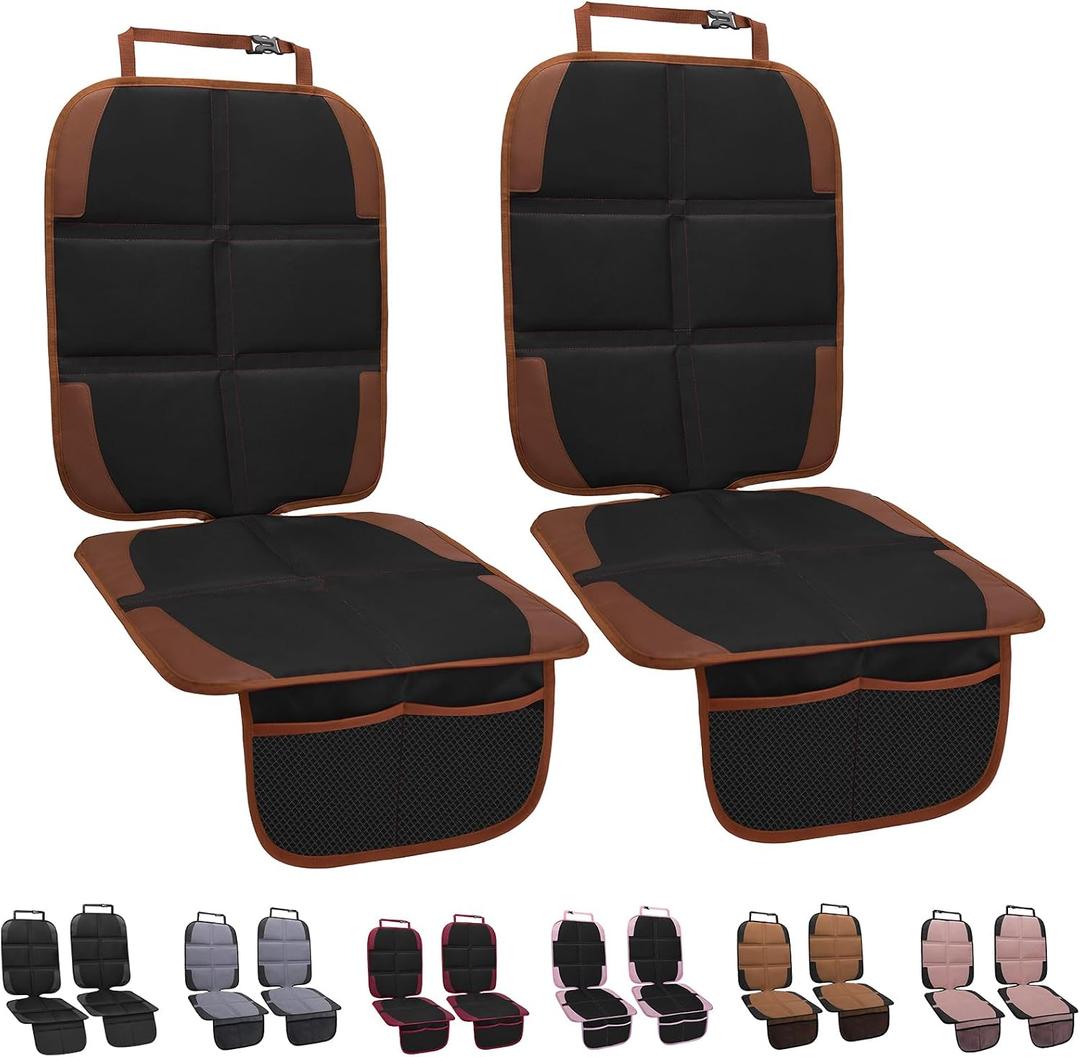 Car Seat Protector for Child, 2 Pack With Mesh Pockets & Non-Slip Backing 600D Durable Under Baby Seat Cover for Back Seat (Dark Brown, Standard)