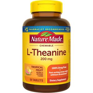 Nature Made Chewable L Theanine 200mg, L-Theanine Supplement for Stress Relief, 50 Chewable Tablets, 50 Day Supply (EXP 10/31/26)