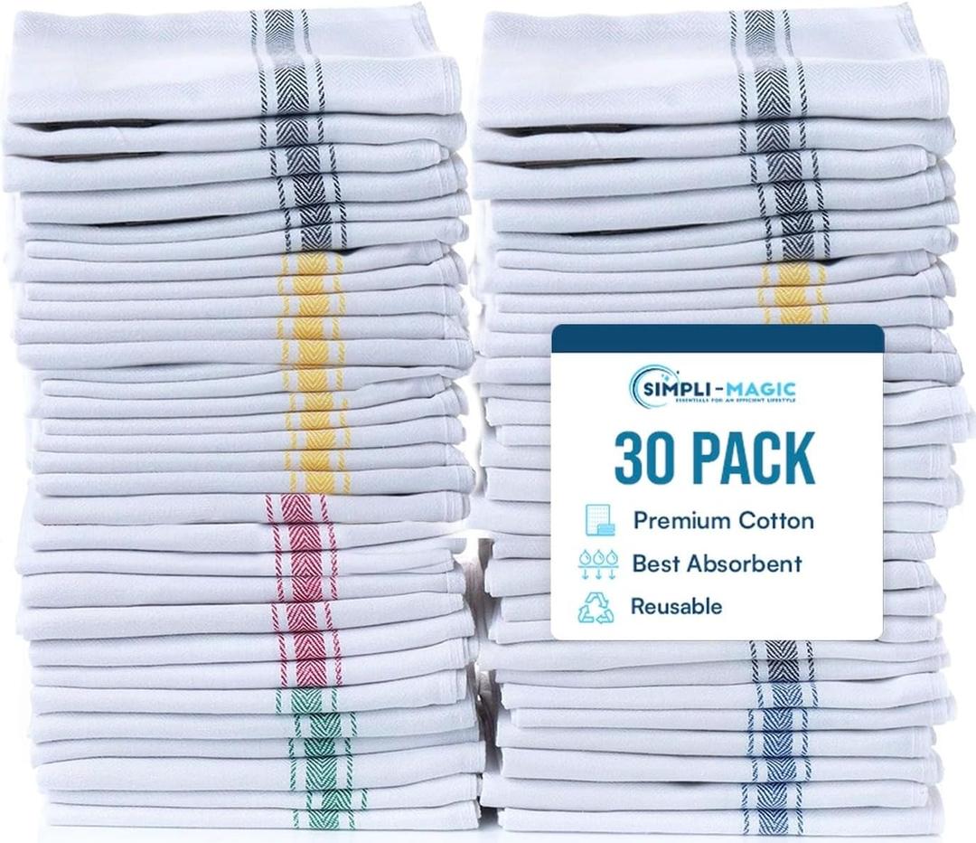 Simpli-Magic Cotton Herringbone Dish Towels, 15"x25" (30 Pack)  High Absorbent Kitchen Hand Towels (Multi-Color)