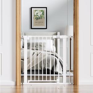 Babelio Baby Gate for Doorways and Stairs, 31-36" Pet Gate with Wide Walk Thru Door and Lock Indicator, No Drill Pressure Mounted Safety Gate with Double Lock and Self-Closing, White