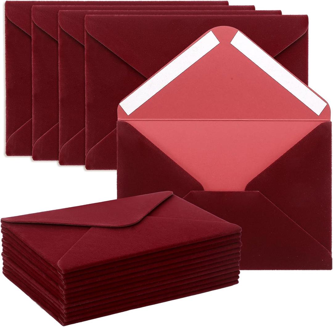 Affrolling 12 Pcs Wedding Velvet Envelopes 4 x 6 Inch Burgundy Velvety Surface Stationery A4 Vintage Soft Rectangle Elegant Envelopes for Invitation Gift Wedding Thank You Letter