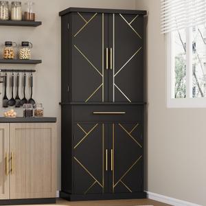 YITAHOME Kitchen Pantry Cabinet, 72" Tall Wood Storage Cabinet with 4 Doors and 3 Shelves 1 Drawer 6 Side Rack Freestanding Modern Carved Cupboard for Dining Room Living Room Furniture, Black