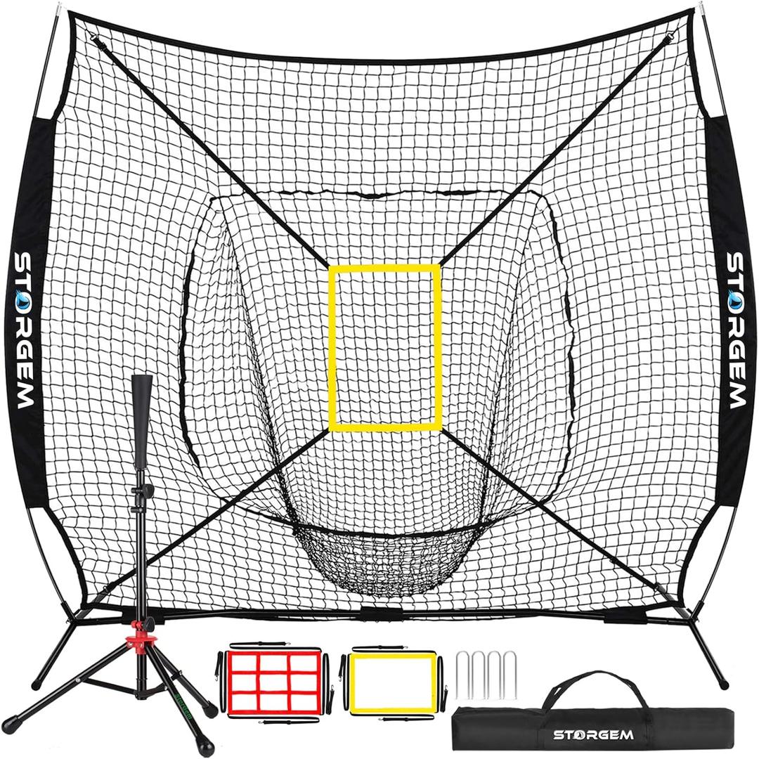 Storgem Baseball and Softball Practice Net 77ft Portable Hitting Pitching Batting Training Net Baseball Backstop Net with Batting Tee and Strike Zone and Bow Frame
