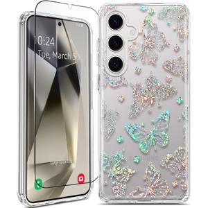 Clear Glitter Butterfly for Galaxy S24 Plus Case, [Screen Protector] Shockproof Thin Flower Slim Cute Crystal Bling Women Hard Back Soft TPU Bumper Protective for Samsung S24 Plus 6.7 inch
