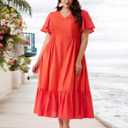 Plus Size Vacation Dresses for Women 2025 Summer Beach Dress Elegant Hollow Out Boho Dress with Pockets (Orange, XL)