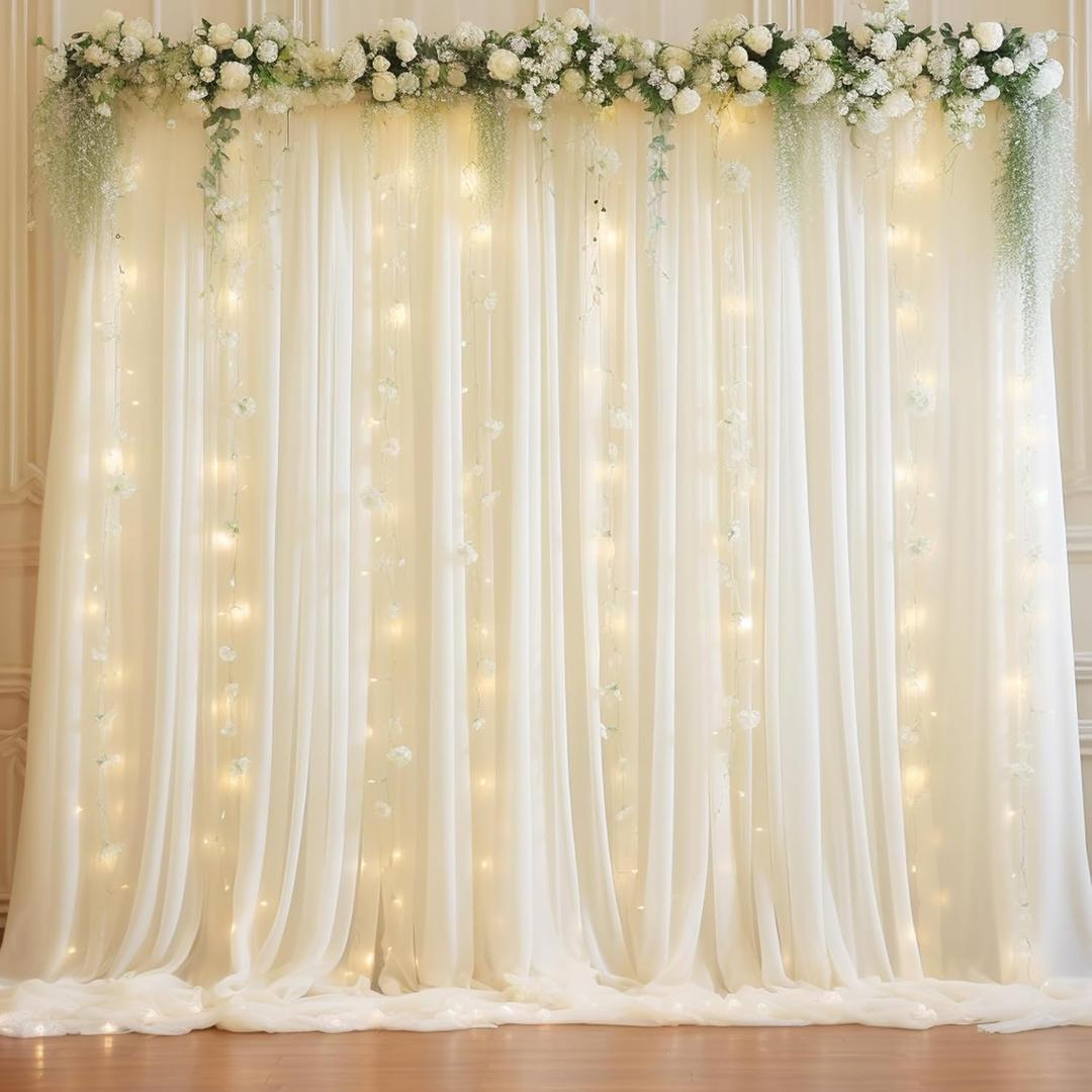 10ft x 10ft Beige Chiffon Backdrop Curtain with Lights String for Parties,2 Panels Sheer Chiffon Curtain Wedding Backdrop with Lights for Baby Shower Birthday Party Ceremony Reception Home Decorations