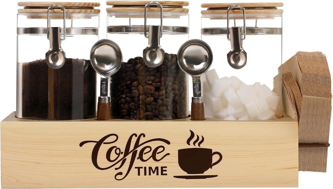 EQEY Glass Coffee Canister Set with Shelf & Spoons - 3 Piece Airtight Seal Coffee Bean Storage Containers & Filter Holder for Kitchen Organization