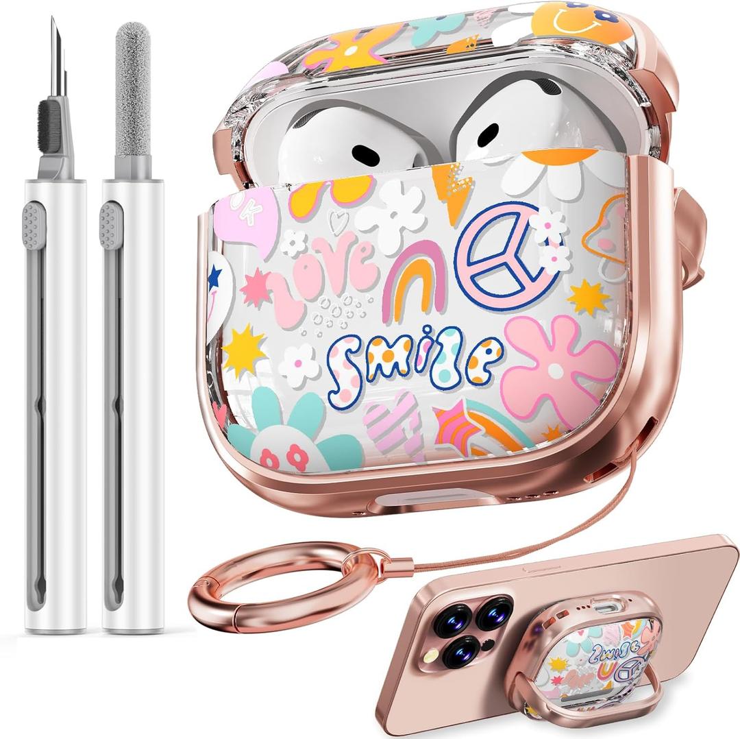 Inesore with Safety Lock for AirPods 4 Case,Clear Floral Cute AirPod 4th Generation Case for Women Girly with Cleaner Kit and Keychain- Smile Doodle