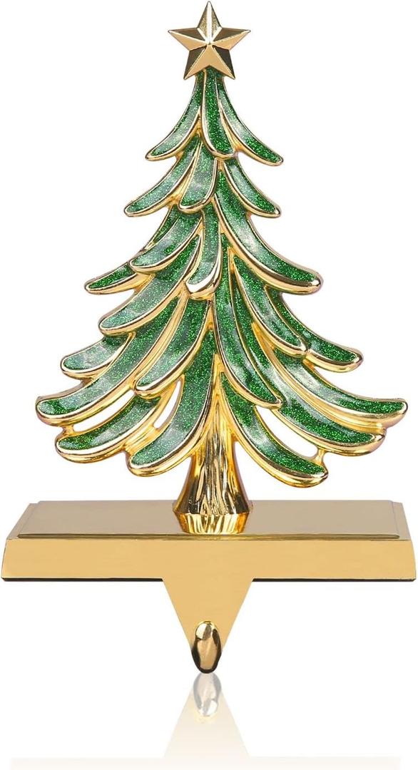 JUSTOTRY Christmas Stocking Holders for Mantle Glitter Green Xmas Tree Gold Stocking Holder for Fireplace Home Decor Holiday Gifts Christmas Decorations Supplies Non-Skid Durable and Sturdy