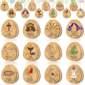 Suzile 24Pcs Holy Week Ornaments Religious Easter Hanging Ornaments Holy Week Wooden Hanging Signs Religious Easter Tree Ornaments Christian Easter Decor for Church Easter baskets Holy Week Goody Bags