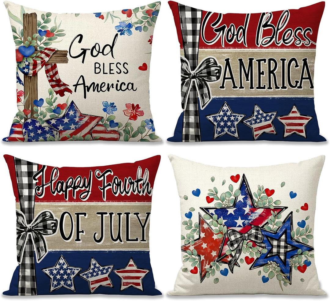 4th of July Memorial Day Pillow Covers 18x18 Inch Set of 4 God Bless America Stars Eucalyptus Flowers Cross USA Flag Patriotic Independence Day Throw Pillow Cases for Sofa Couch Decorations