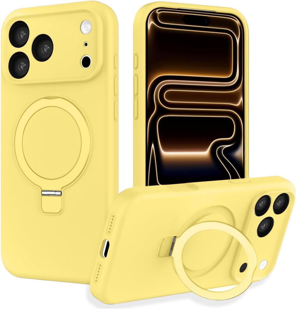 with Magnetic Invisible Stand Phone Case for iPhone 17 Pro Max, Silicone Compatible with Magsafe Military Grade Full Camera Protection Phone Covers for Women Men, Creamy Yellow
