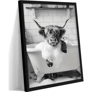 Funny Highland Cow Bathroom Wall Art, Black and White Animal Canvas Wall Decor Painting, Modern Rustic Farmhouse Cow in Bathtub Artwork Prints Pictures for Restroom Bathroom 16x24 Inch Black Framed