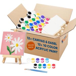 CRAFTY HAPPITOYS Mini Canvas and Easel Set with 10 Colors Acrylic Paint in Bulk Set of 12 - Kids Art Party Favors & Party Supplies - 4x4 Small Canvases for Painting with Mini Easel - Paint for Kids (Multicolor)
