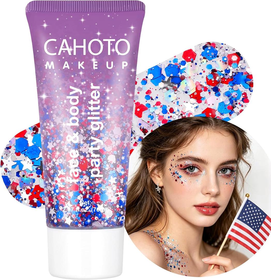 Flag Hexagon Glitter Gel, Red White Blue Hex and White Star