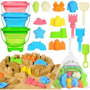 PUBUBLLE Collapsible Beach Sand Toys for Kids Toddlers, Travel Beach Toys with 3 Collapsible Sand Buckets, Shovels, Mesh Bags, Sand Molds, Castle Toys for Beach, Age 18+ Month