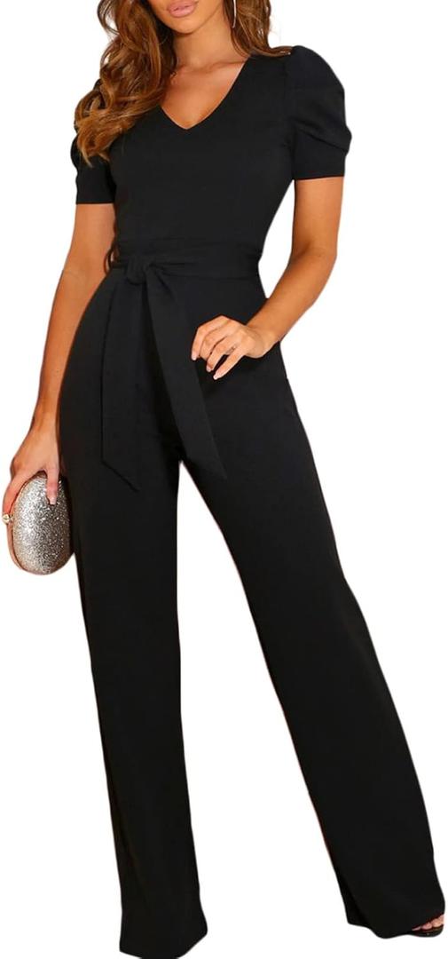 BLENCOT Black Jumpsuit for Women Short Sleeve Casual v Neck Belted Wide Leg Formal Rompers Jumpsuits Large