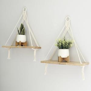 Hanging Shelves Boho Wall Decor Set of 2, Rustic Wood Floating Shelves for with Handmade Woven Rope Room Nursery Bathroom Living Room College Dorm Storage for Hanging Plants Photos, White