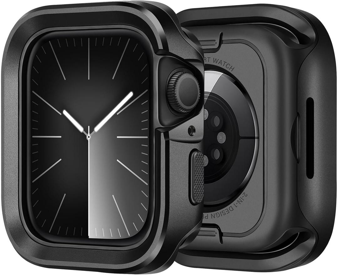 2 in 1 Metal Case Compatible with Apple Watch Series 9/8/7 45mm Case, Rugged Protective Bumper with Shockproof Silicone Cover for iWatch 45mm (Black)