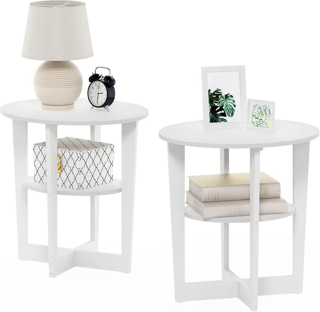 Furinno JAYA Side Table Set of 2, 2-Tier Round Modern End Table with Oval Tabletop, Night Stand, Bedside Table with Open Shelf, for Living Room, Bedroom, White