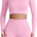 Niipty Two Piece Workout Set for Women Long Sleeve Top Matching High Waist Scrunch Butt Shorts Gym Sets Yoga Outfits Sets - Pink S