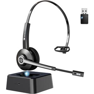 Earbay Trucker Bluetooth Headset, Wireless Headphones with Microphone Mute & USB Dongle, Wireless Headset with Mic for Work Noise Canceling & Charing Base for Work/PC Computer/Phones/Office/Meeting (Black)