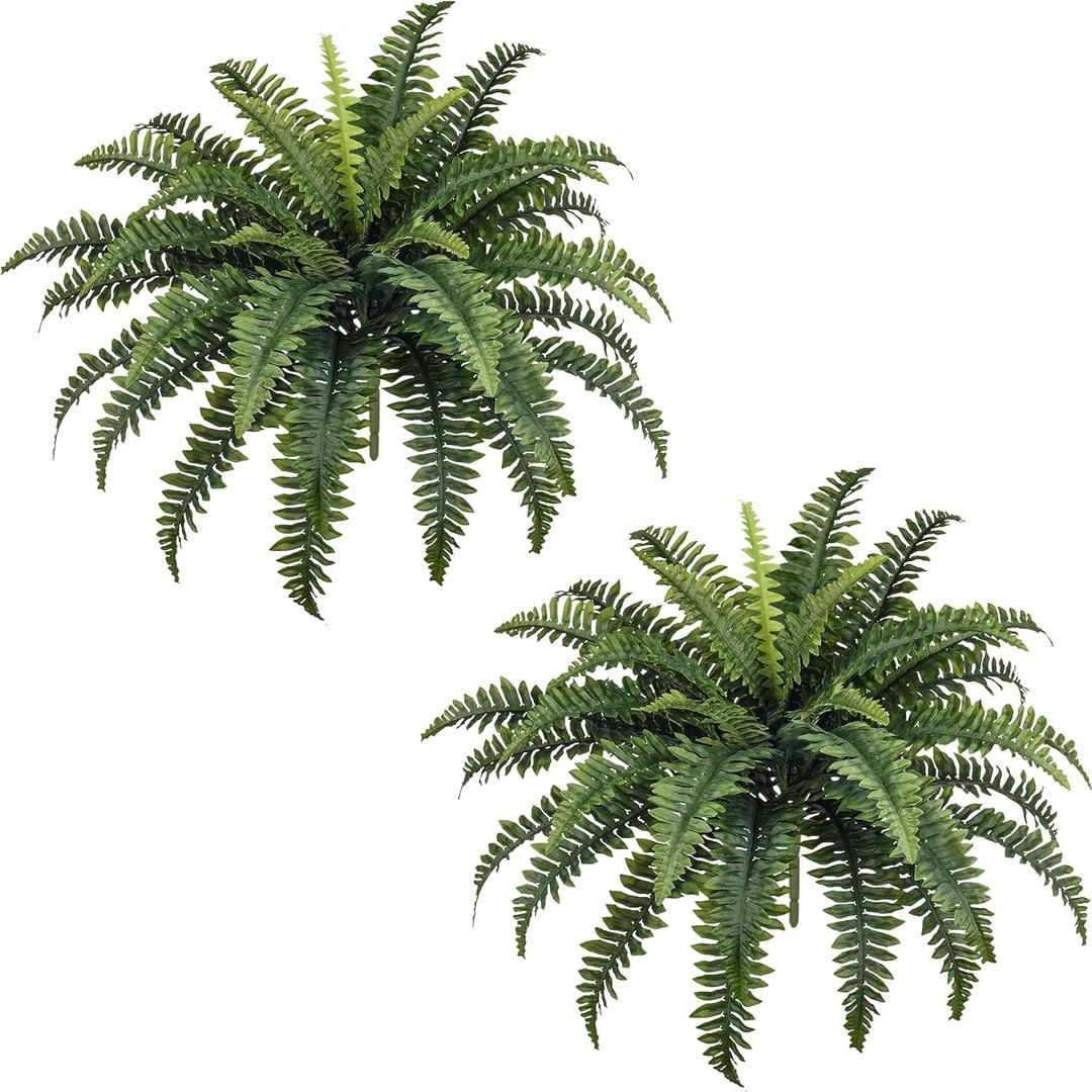 Fake Ferns, 35IN Large Fake Bush Plants, 2 Articial Boston Ferns with 39 Fronds for Outdoor Hanging Planter Garden Porch Entrance Home Decor