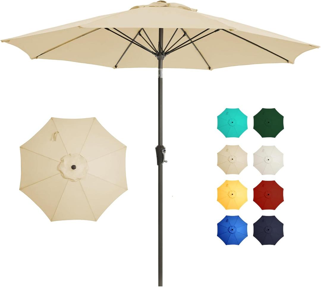 9FT Outdoor Patio Umbrella Outdoor pool Umbrella with Push Button Tilt and Crank, Market Umbrella 8 Sturdy Ribs UV Protection for Garden, Deck, Backyard (Beige)