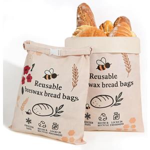 2 Pack XL Reusable Beeswax Bread Bags for Sourdough Baking, Organic Waxed Lined, Cotton Bread Bags for Homemade Bread, Food-Storage Bag to Keep Fresh