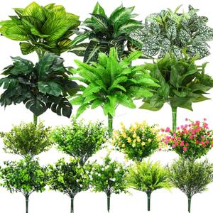 60 Bundles Outdoor Artificial Plants Bulk 15 Styles UV Resistant Faux Flowers Fake Plastic Flower Greenery Plant for Window Box Home Garden Porch Patio Spring Decor(Spring Green)