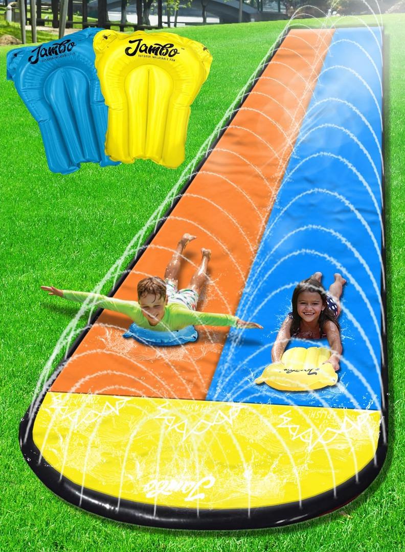 JAMBO XL Premium 20Ft Slip Splash and Slide with 2 Bodyboards, Heavy Duty Water Slide with Advanced 3-Way Water Sprinkler System, Backyard Waterslide, Splash Mat, Outdoor Water Toys n Slides for Kids (20FT XL Slide, Double Lane)